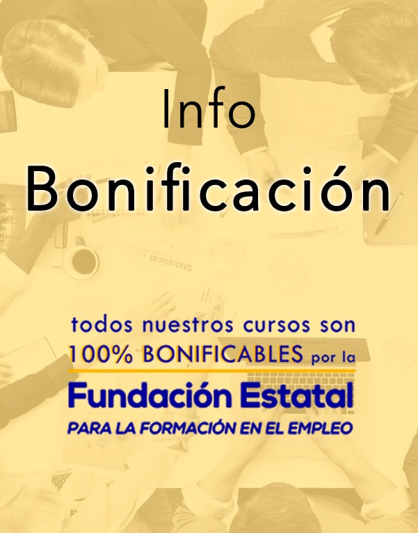 Texto en español promocionando cursos íntegramente subvencionados por la "Fundación Estatal para la Formación en el Empleo" con un fondo de personas trabajando alrededor de una mesa.