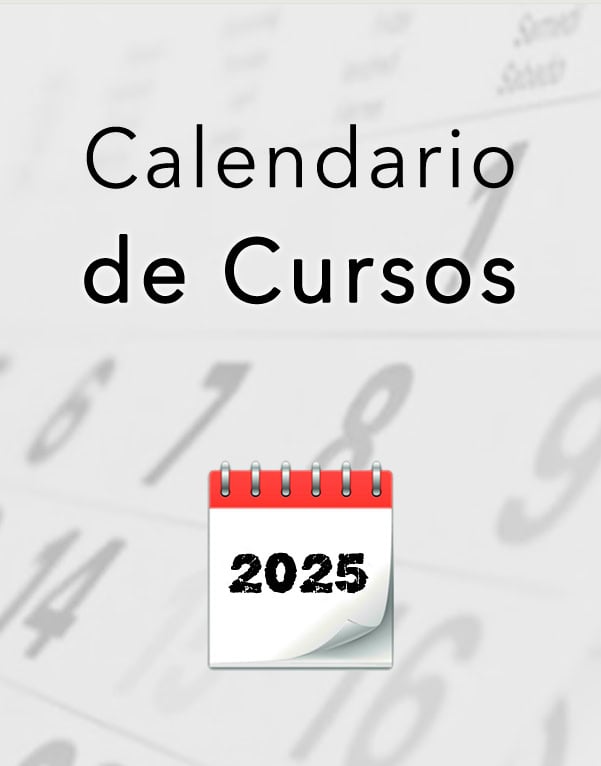 El texto que dice "Calendario de Cursos" se encuentra encima de un ícono de un calendario con la palabra "2025" escrito sobre un fondo de calendario borroso.