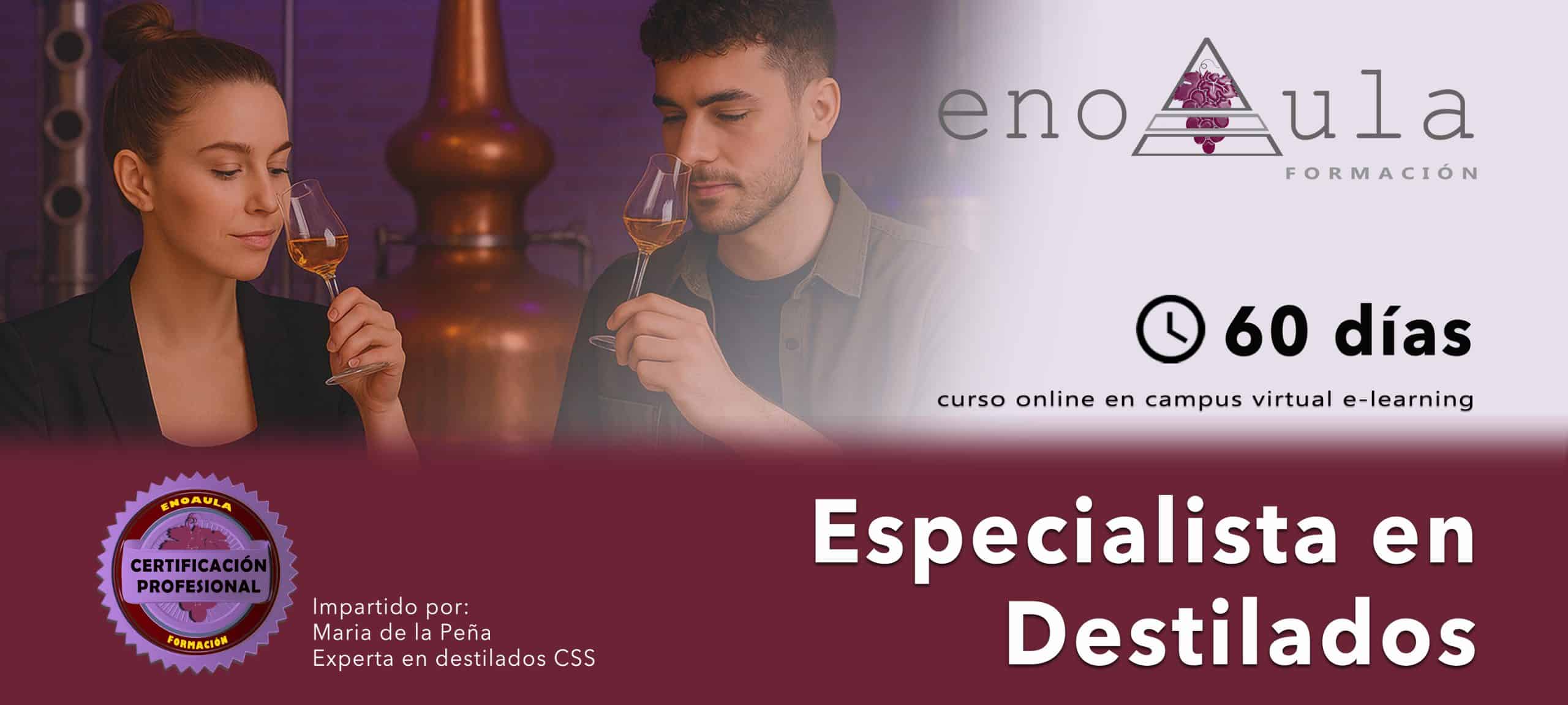 Dos personas huelen bebidas delante del equipo de una destilería. El texto promociona un curso en línea de 60 días: "Especialista en Destilados" con certificación profesional.