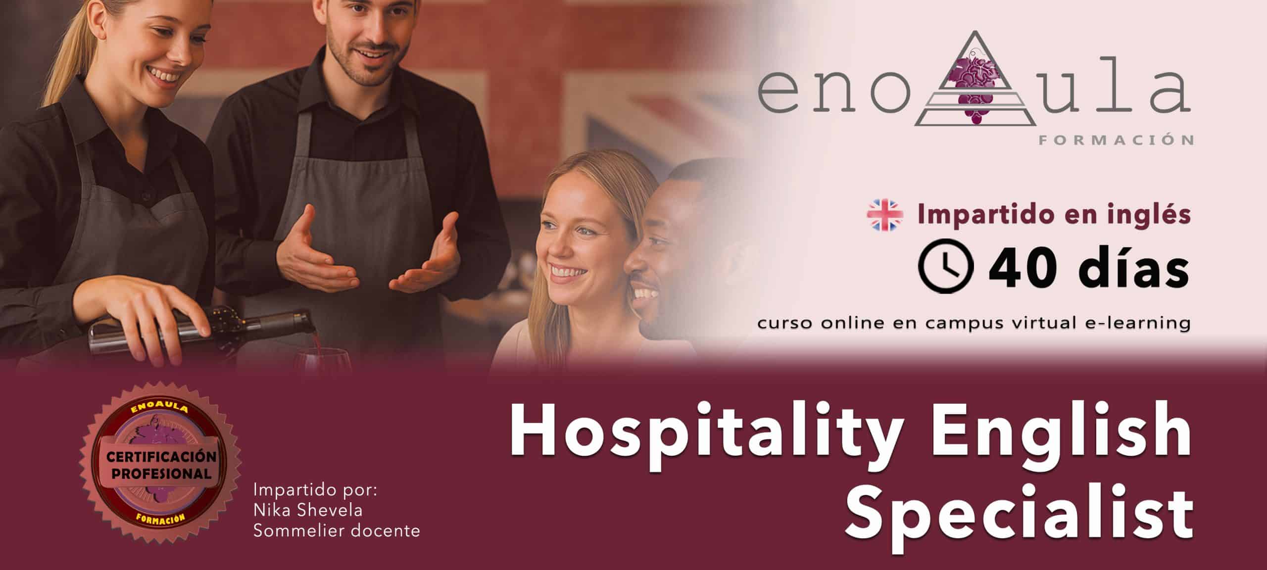 Grupo de empleados de restaurante interactuando con clientes; banner promocional de un curso online de 40 días de Especialista en Inglés para Hostelería, impartido en inglés por Nika Shevela.