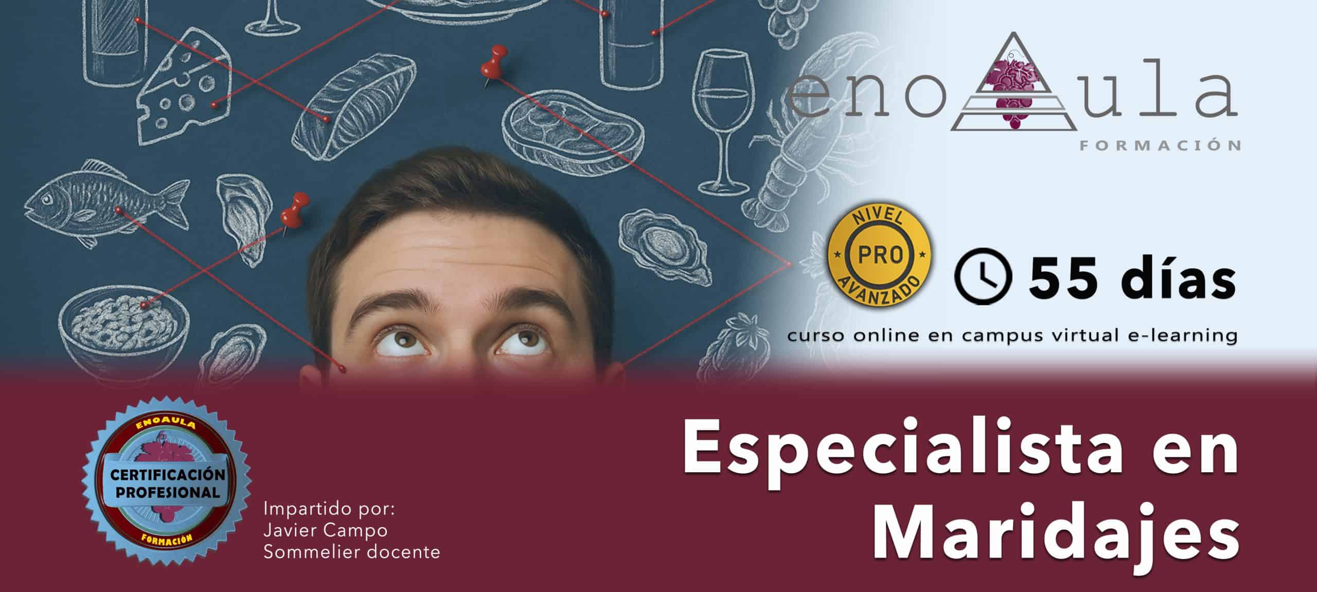 Un hombre mira iconos ilustrados de comida y bebida con texto promocionando un curso online de 55 días de especialista en maridaje de Enoaula Formación.