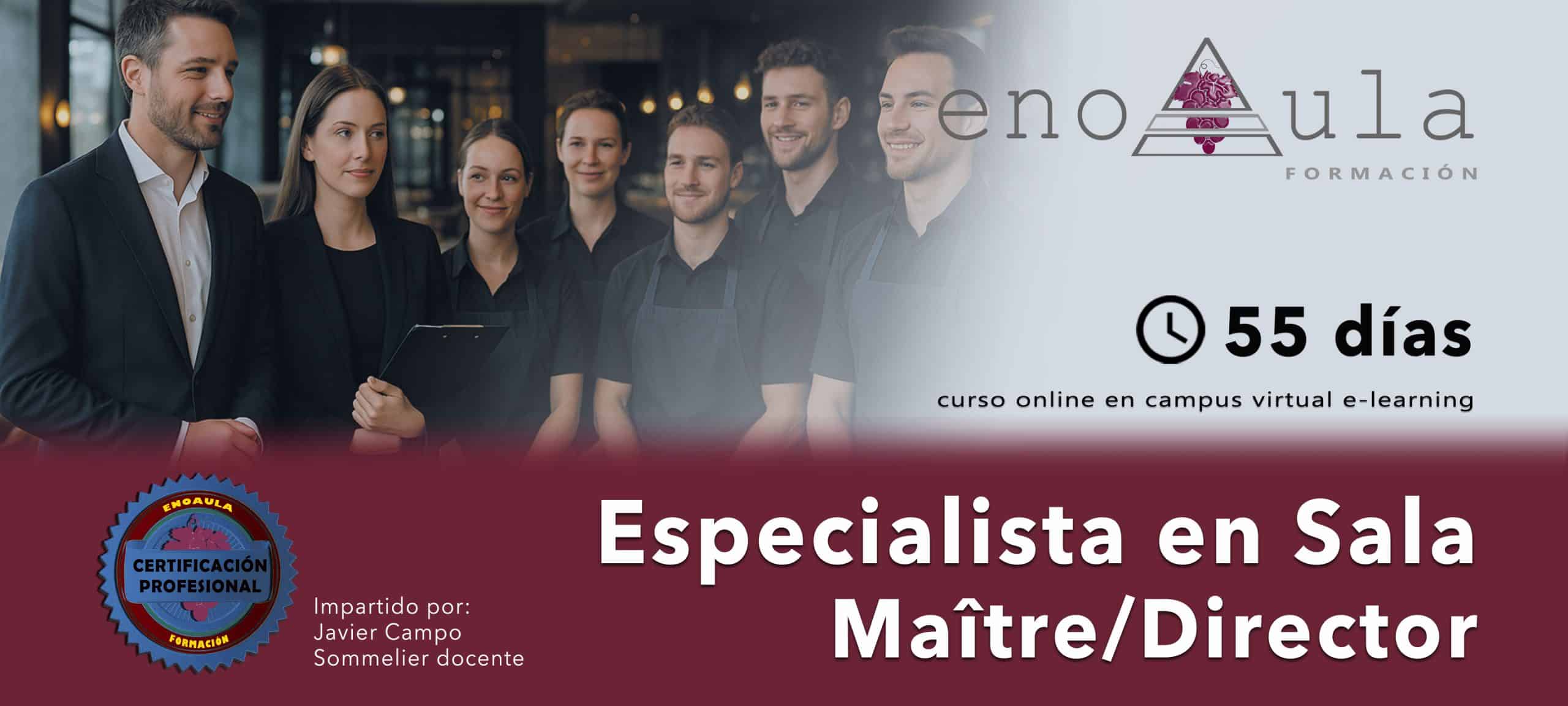 Grupo de empleados de restaurante de pie y sonriendo en un comedor, promocionando un curso online de 55 días para maître/director especialistas ofrecido por RenoAula Formación.