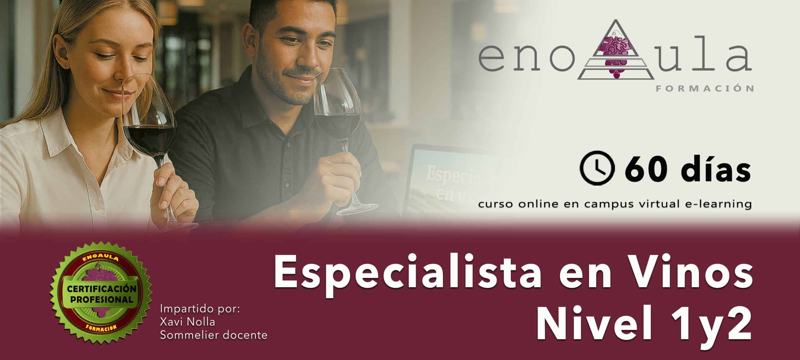 Banner promocional de un curso en línea de 60 días para especialistas en vino, en el que aparecen dos personas catando vino y los detalles del curso, incluido el instructor y la certificación.
