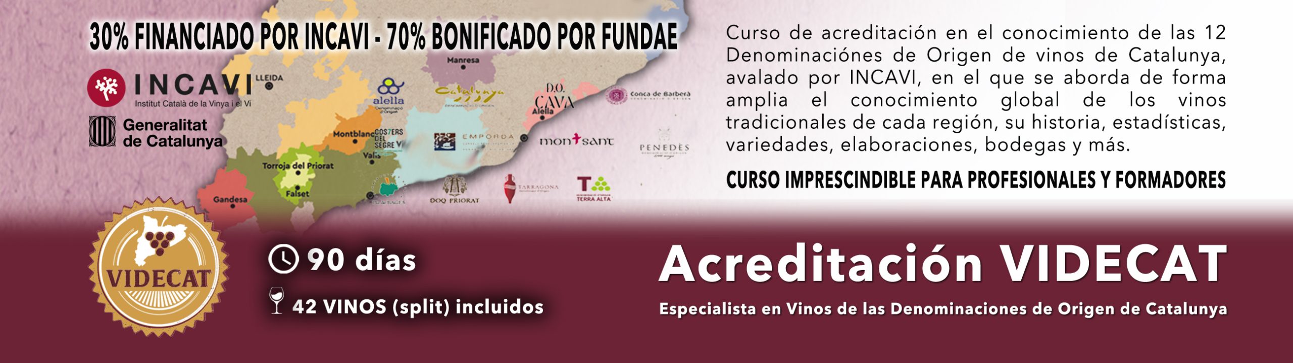 Banner promocional del curso de acreditación VIDEcat sobre las denominaciones de vino de Cataluña, con logotipos, detalles del curso y un mapa de Cataluña con las comarcas destacadas.