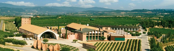 Vista aérea de una bodega con múltiples edificios modernos rodeados de viñedos y colinas bajo un cielo parcialmente nublado.