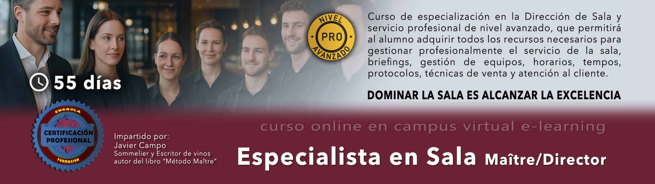 Un grupo de personas vestidas profesionalmente permanecen juntas; el texto promociona un curso avanzado en línea para Maître/Director especializado en gestión de comedores y servicios.