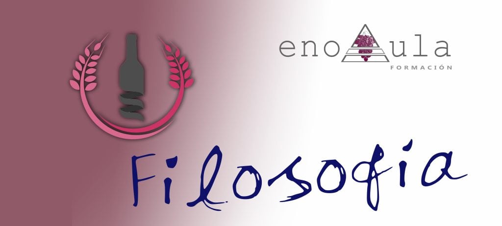Logotipo con una botella de vino y trigo, el texto "enoAula FORMACIÓN" y el texto estilizado de gran tamaño "Filosofía" sobre fondo degradado.