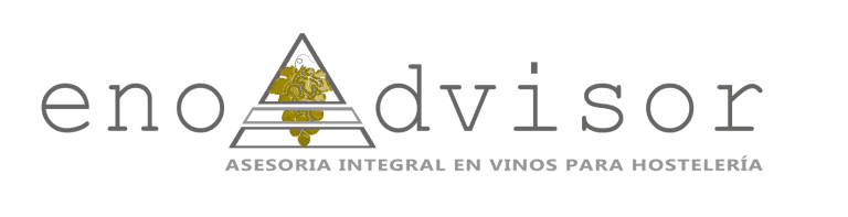 Logotipo de "enoAdvisor" con una letra "A" estilizada e ilustración de una vid, y el eslogan "ASESORÍA INTEGRAL EN VINOS PARA HOSTELERÍA" debajo.