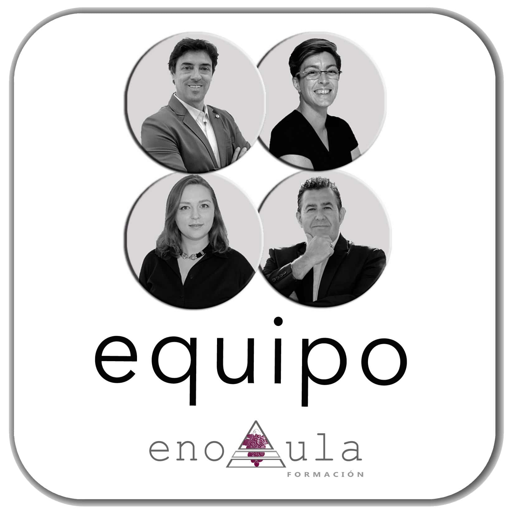 Sobre las palabras "equipo" y el logotipo "enoAula Formación", sobre fondo blanco, aparecen cuatro personas vestidas de forma profesional y dispuestas en círculo.