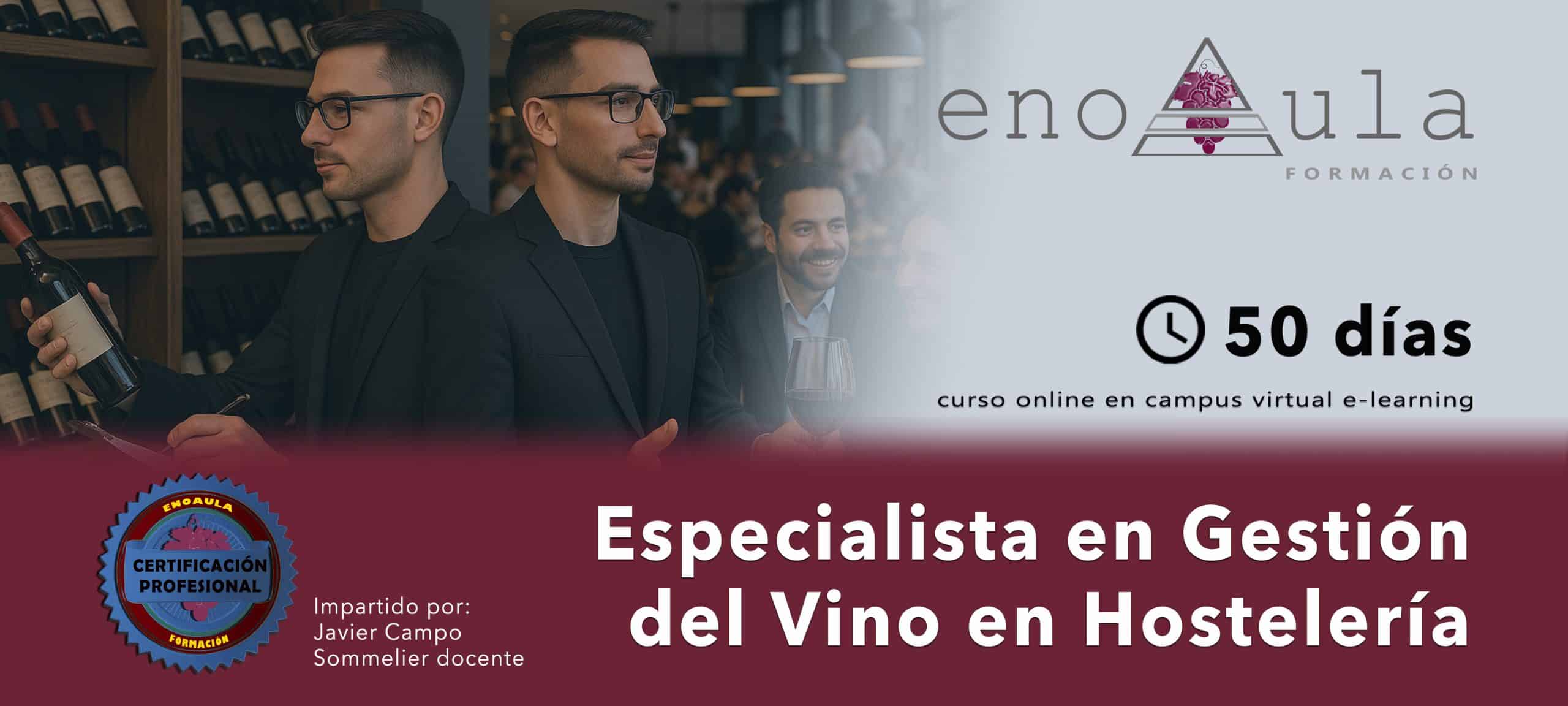 Dos hombres seleccionan botellas de vino en una bodega. El texto promociona un curso en línea de 50 días sobre gestión del vino en hostelería, impartido por Javier Campo, en el que se muestra un distintivo de certificación profesional.