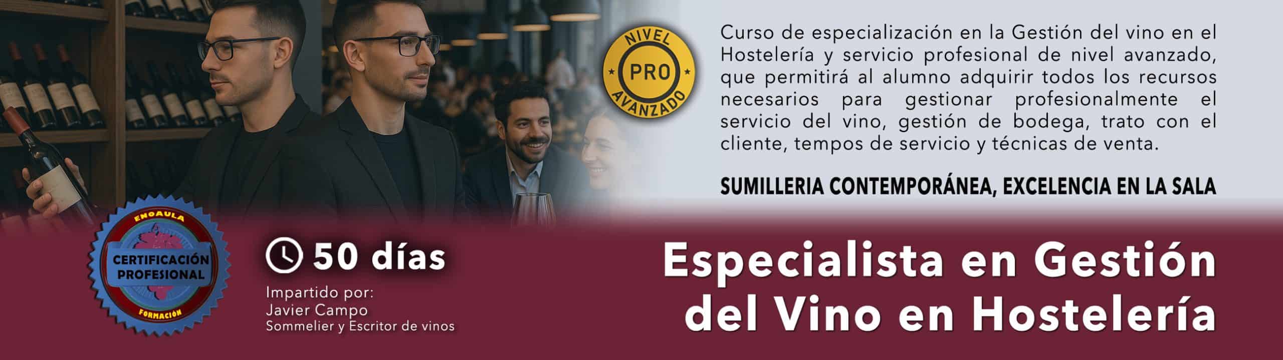 Dos hombres trajeados sirven vino a los clientes de un restaurante. El texto promociona un curso avanzado de 50 días sobre gestión del vino para profesionales de la hostelería.