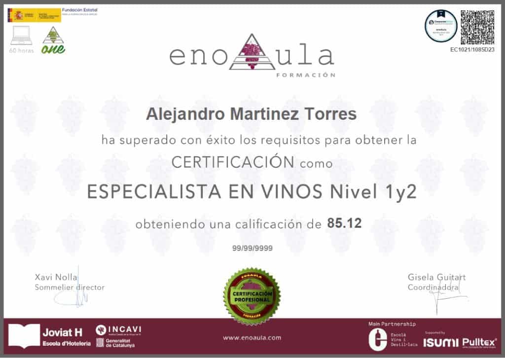 Certificado otorgado a Alejandro Martínez Torres por completar requisitos y alcanzar una puntuación de 85,12 como Especialista en Vinos Nivel 1 y 2 de enoAula Formación.