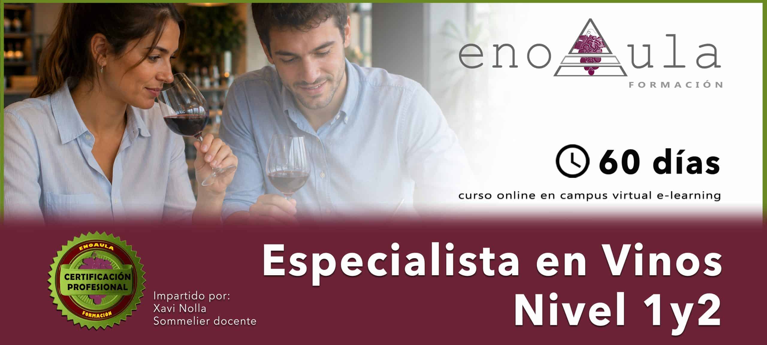 Un hombre y una mujer catando vino en una mesa; banner promocional de un curso online de 60 días para especialistas en vino, niveles 1 y 2, con certificación profesional.