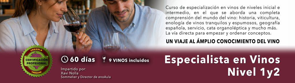 Un hombre y una mujer catando vino tinto en una mesa, con texto promocionando un curso de especialista en vinos de 60 días, 9 vinos incluidos, y certificación.